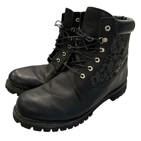US 13W MEN'S BLACK TIMBERLAND PREMIUM LEATHER WATERPROOF BOOTS LOGO SIDE - Picture 7 of 10